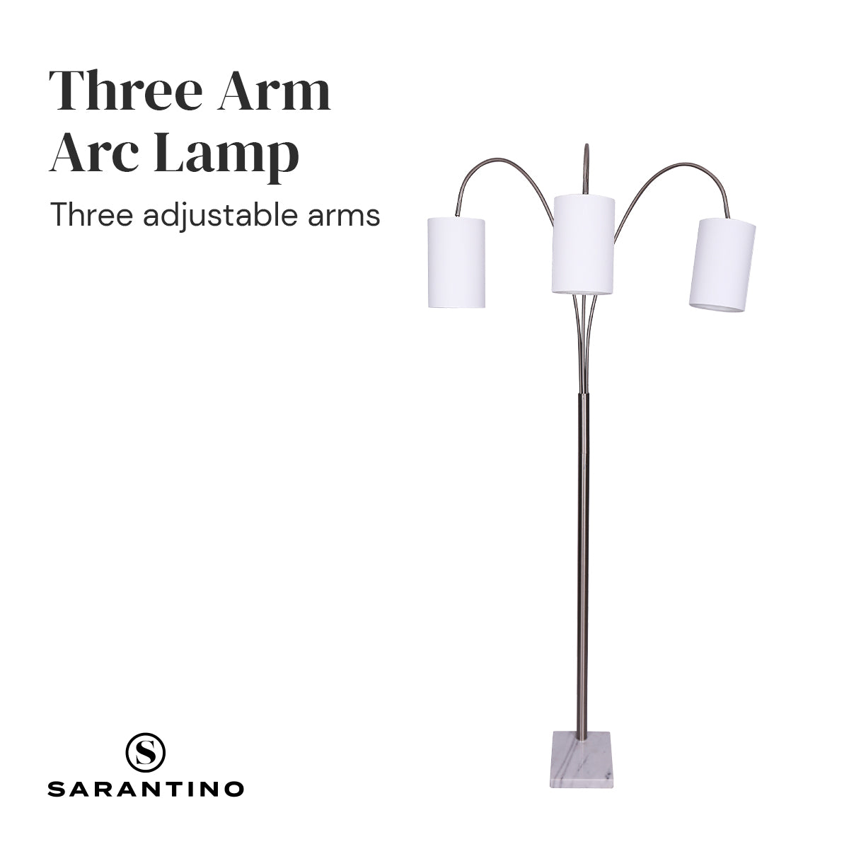 Sarantino 3-Light Arc Floor Lamp – Nickel Finish with White Marble Base