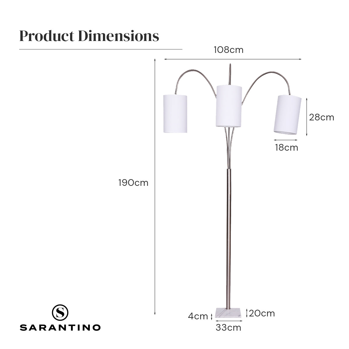 Sarantino 3-Light Arc Floor Lamp – Nickel Finish with White Marble Base
