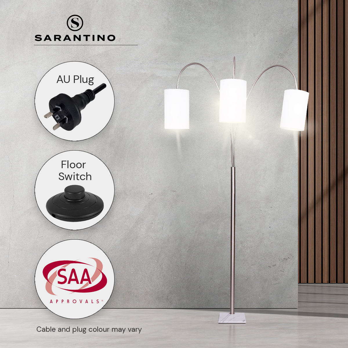 Sarantino 3-Light Arc Floor Lamp – Nickel Finish with White Marble Base