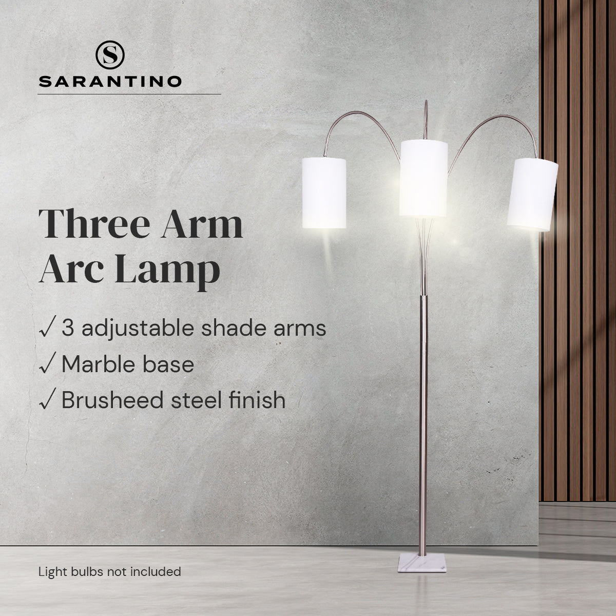 Sarantino 3-Light Arc Floor Lamp – Nickel Finish with White Marble Base