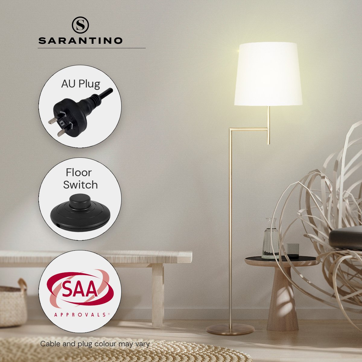 Sarantino Arc Floor Lamp – Antique Brass Finish with Cream Linen Shade