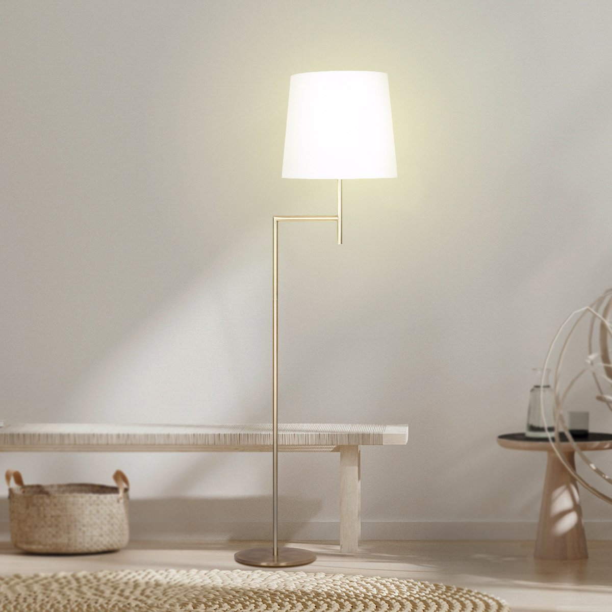 Sarantino Arc Floor Lamp – Antique Brass Finish with Cream Linen Shade