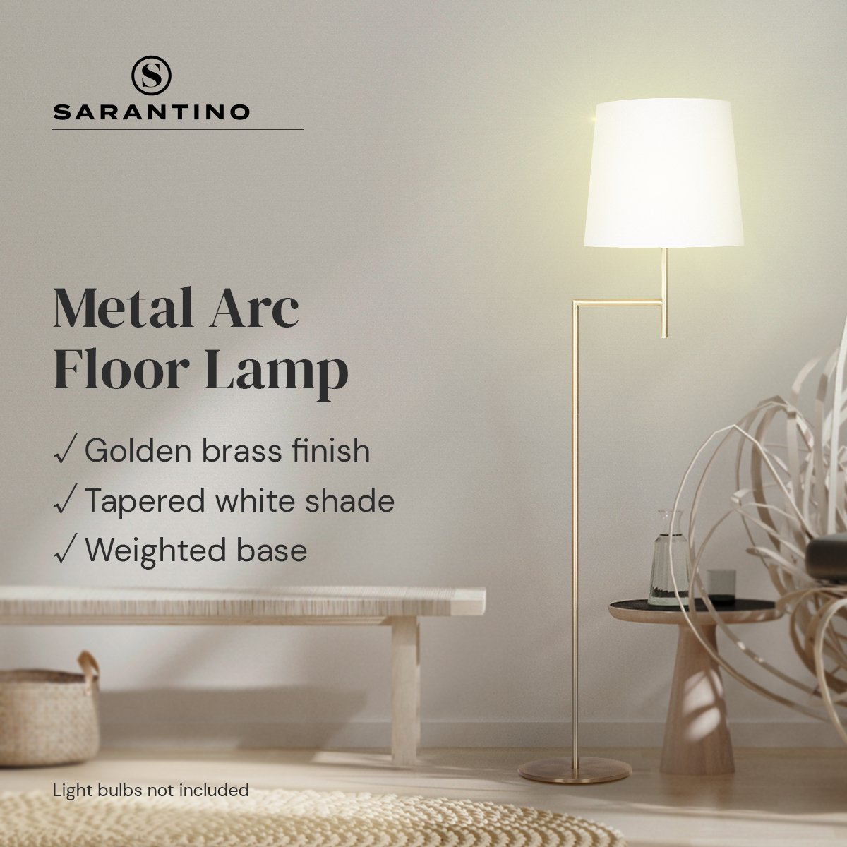 Sarantino Arc Floor Lamp – Antique Brass Finish with Cream Linen Shade