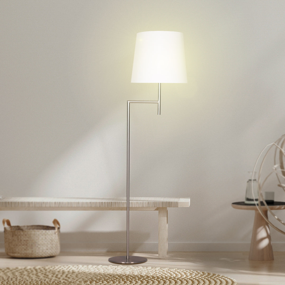 Sarantino Arc Floor Lamp – Nickel Finish with White Tapered Shade