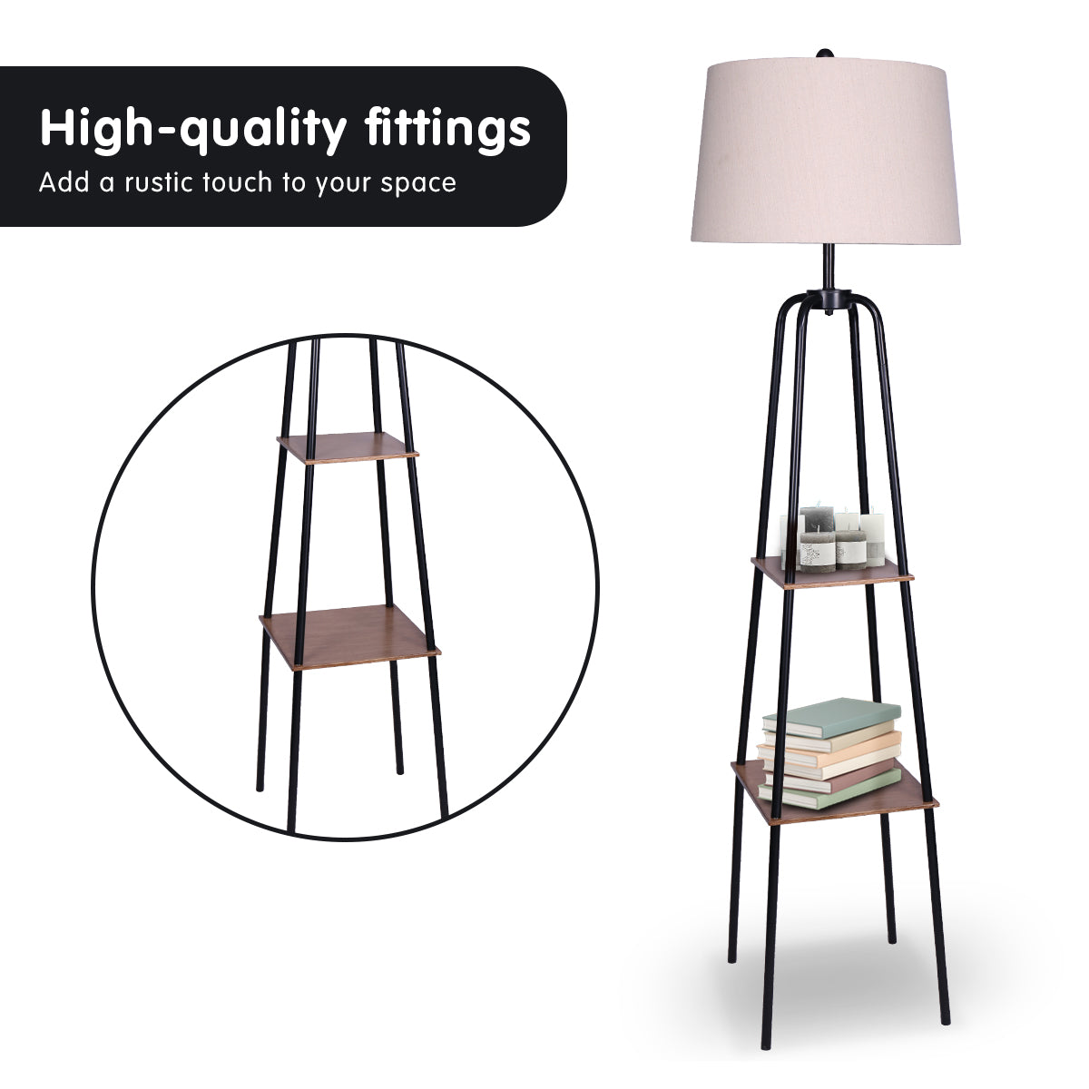 Sarantino Etagere Shelf Floor Lamp – Industrial Chic with Wood-Finish Metal Shelves
