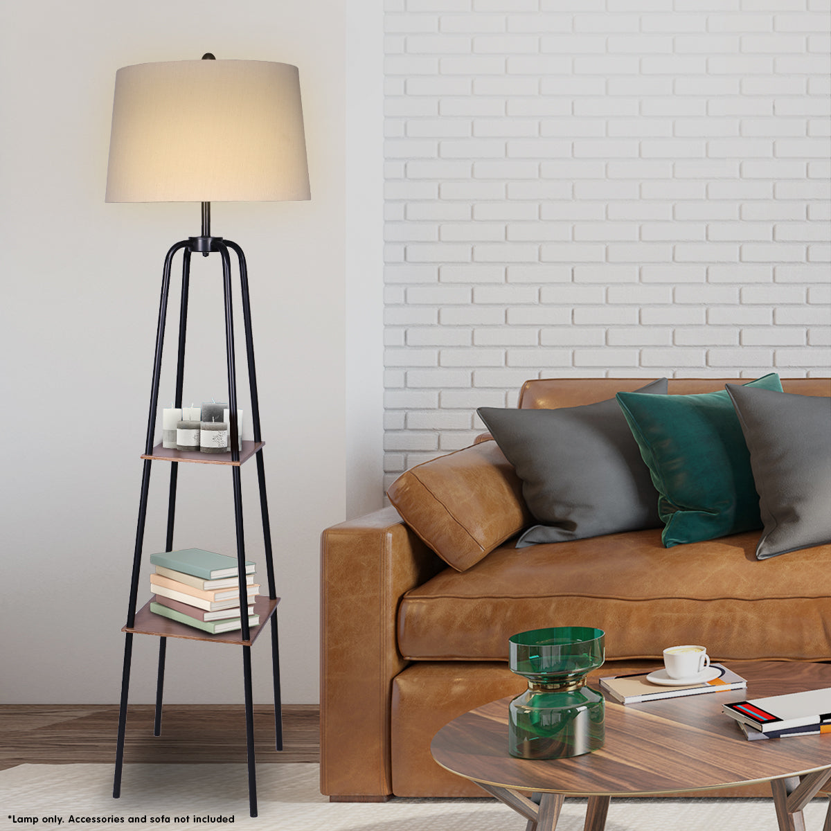 Sarantino Etagere Shelf Floor Lamp – Industrial Chic with Wood-Finish Metal Shelves