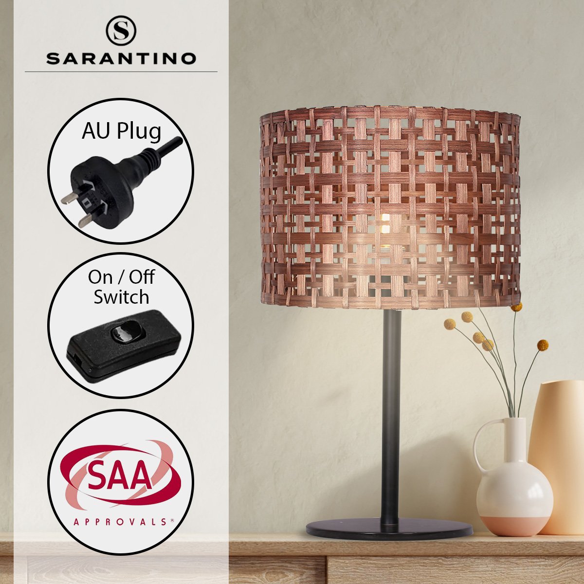 Sarantino Rattan Desk Lamp – Natural Rattan Shade with Black Marble Base
