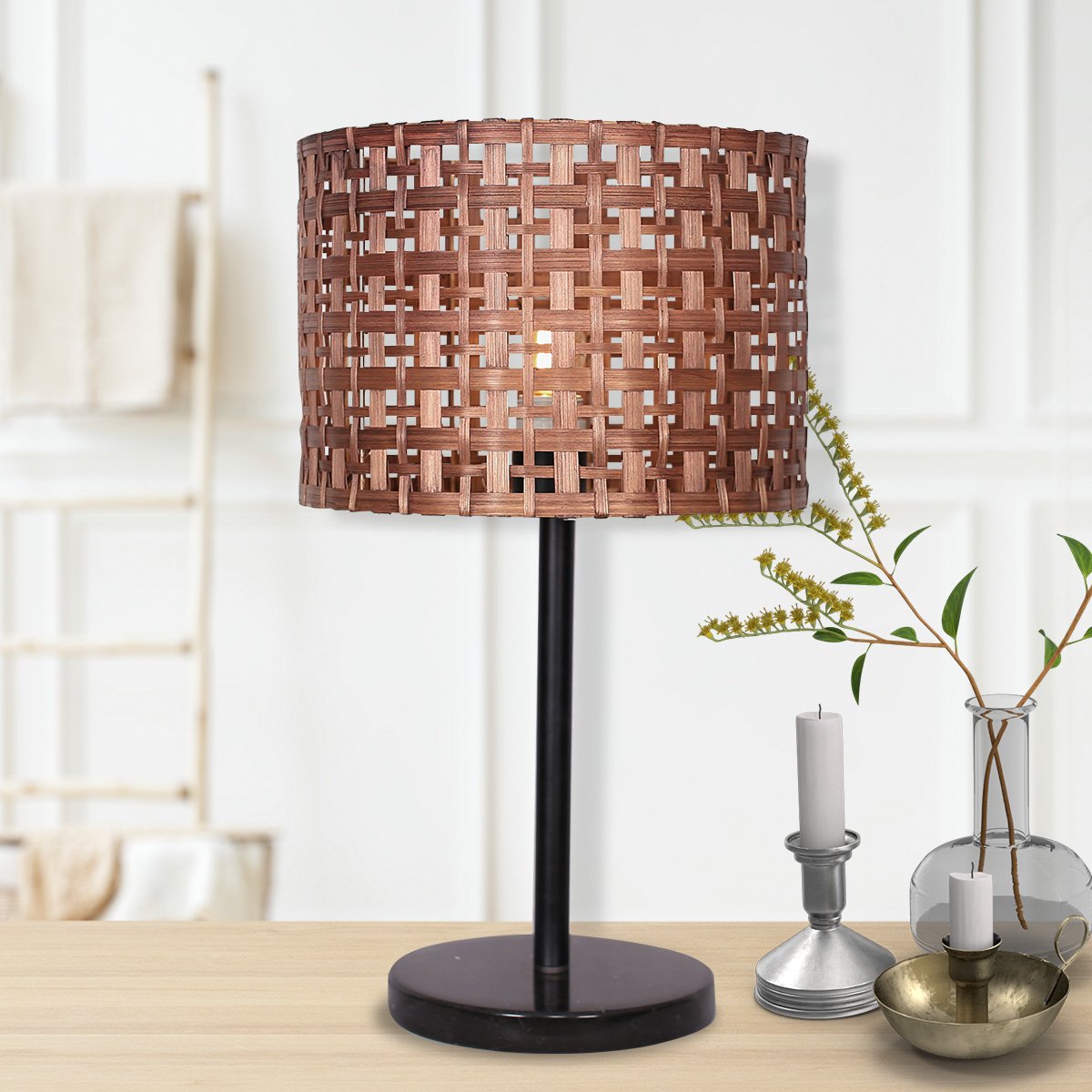 Sarantino Rattan Desk Lamp – Natural Rattan Shade with Black Marble Base
