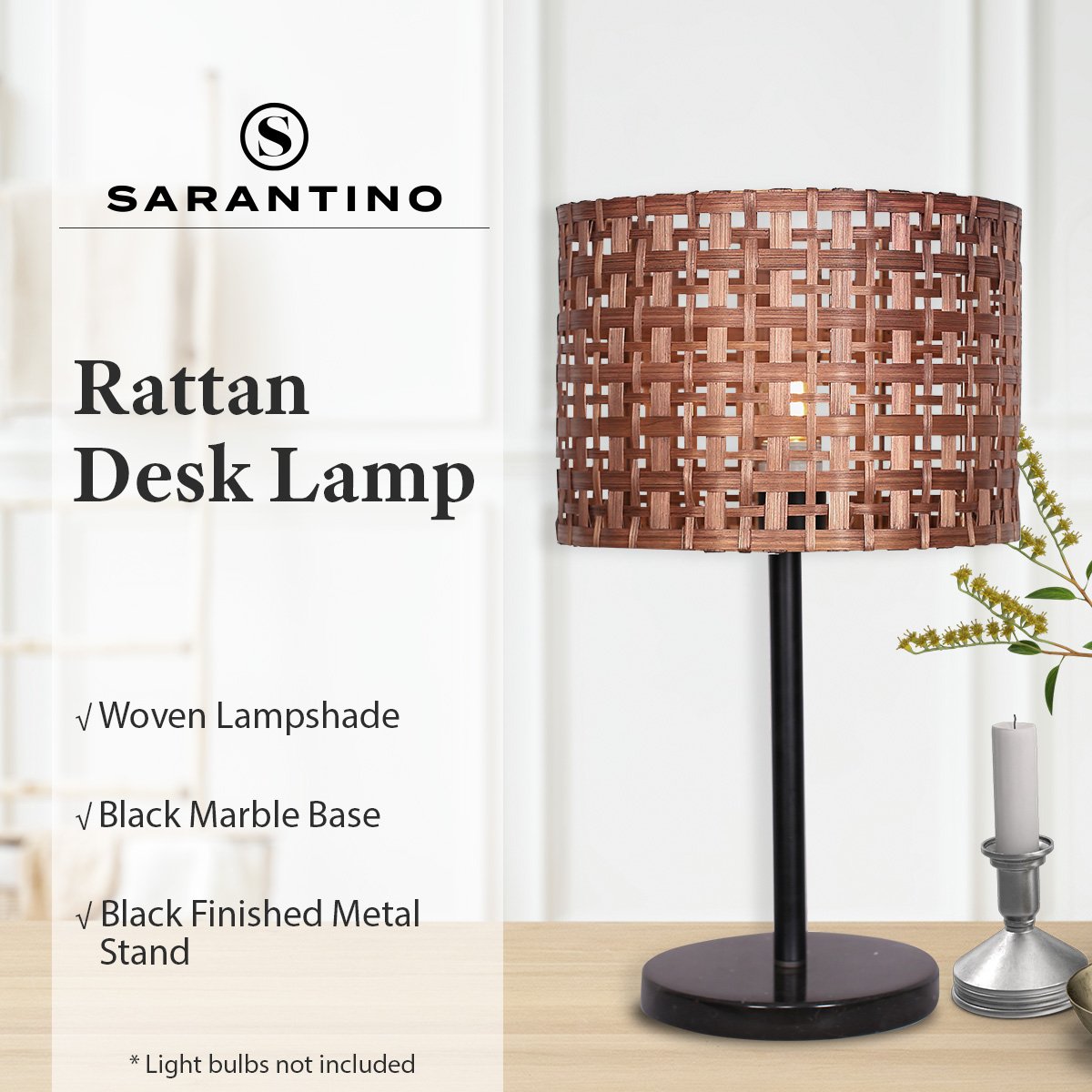 Sarantino Rattan Desk Lamp – Natural Rattan Shade with Black Marble Base