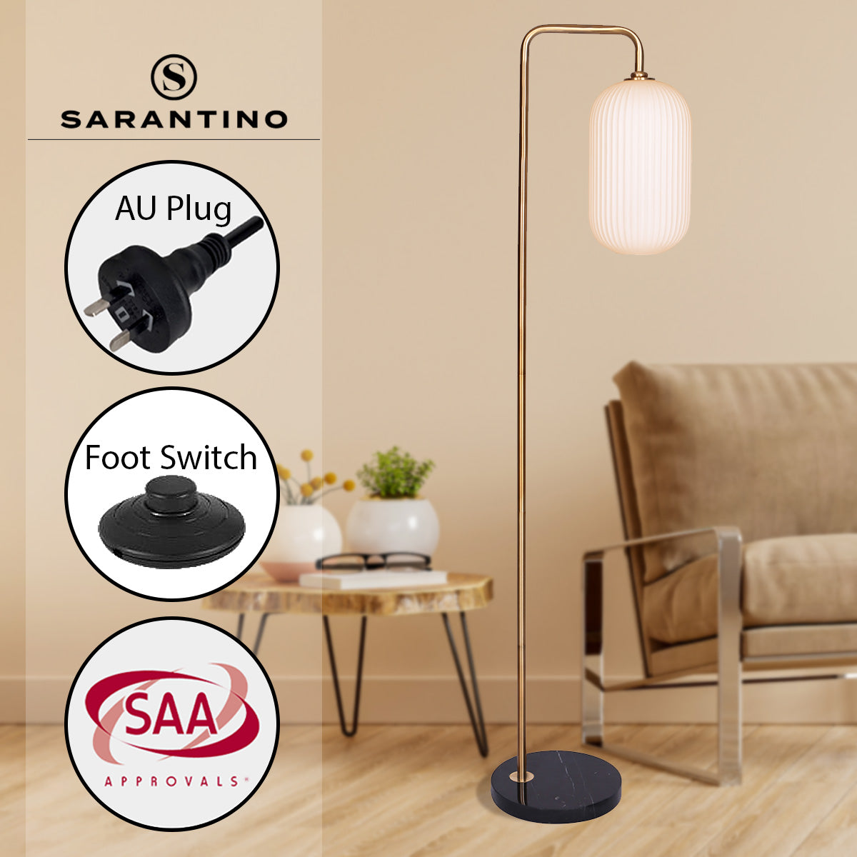 Sarantino Metal Floor Lamp With Opal Glass Shade - TRENDZ