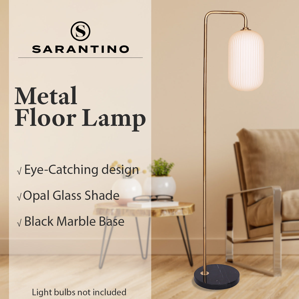 Sarantino Metal Floor Lamp With Opal Glass Shade - TRENDZ
