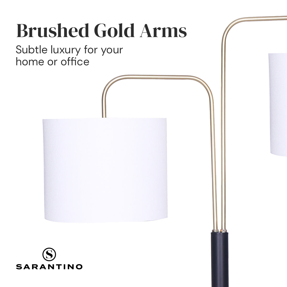 Sarantino Floor Lamp – Matte Black & Brass Finish with White Linen Shade