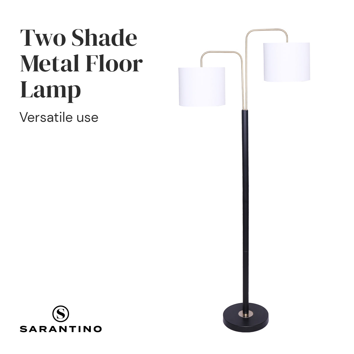 Sarantino Floor Lamp – Matte Black & Brass Finish with White Linen Shade