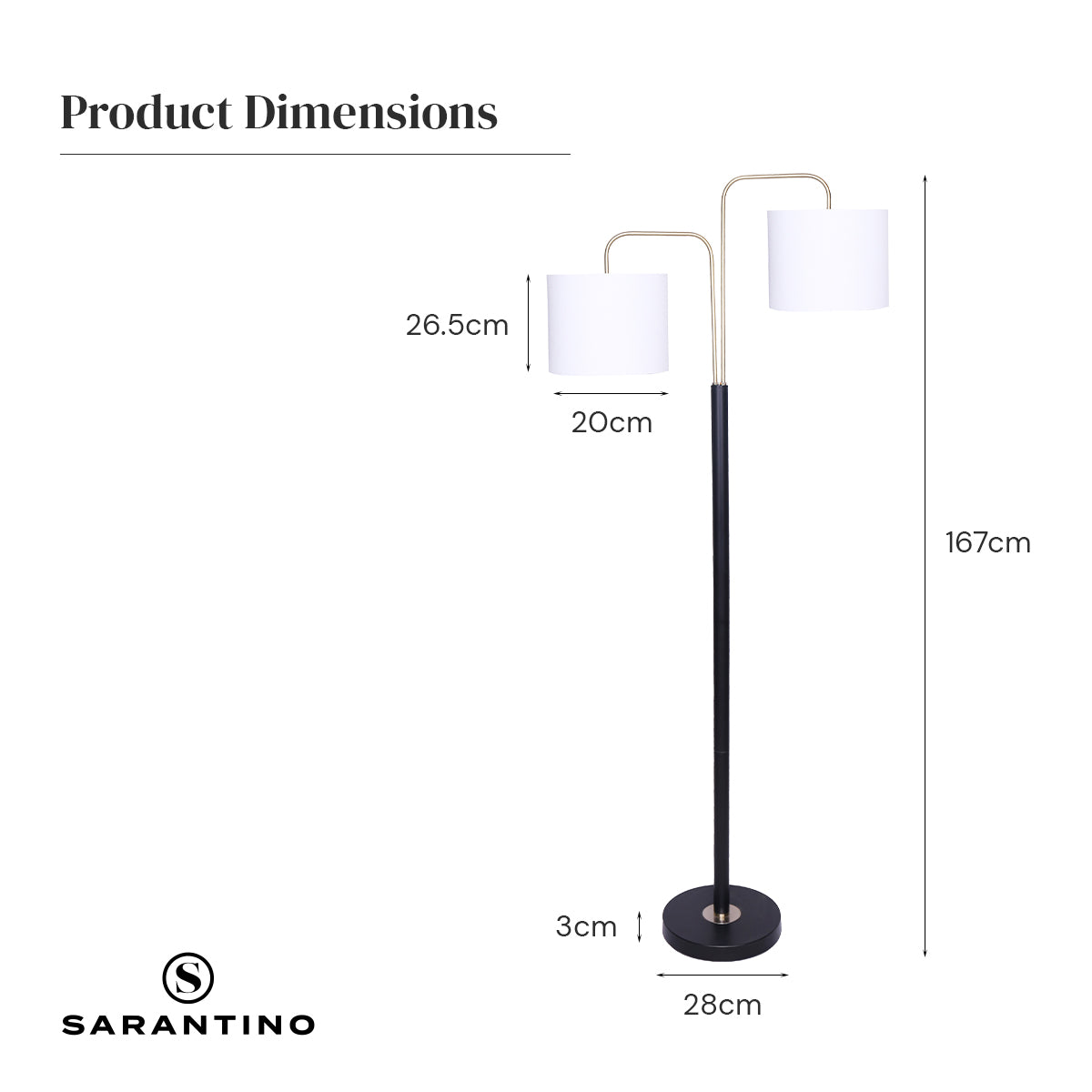 Sarantino Floor Lamp – Matte Black & Brass Finish with White Linen Shade