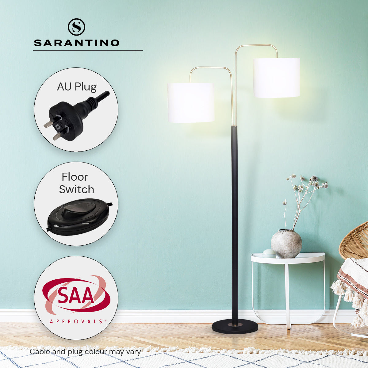 Sarantino Floor Lamp – Matte Black & Brass Finish with White Linen Shade