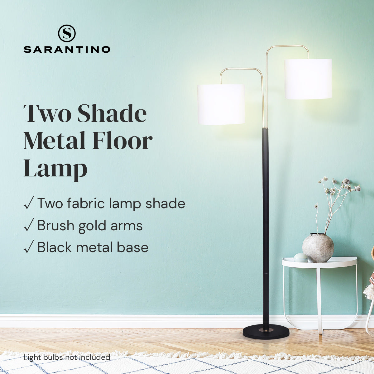 Sarantino Floor Lamp – Matte Black & Brass Finish with White Linen Shade