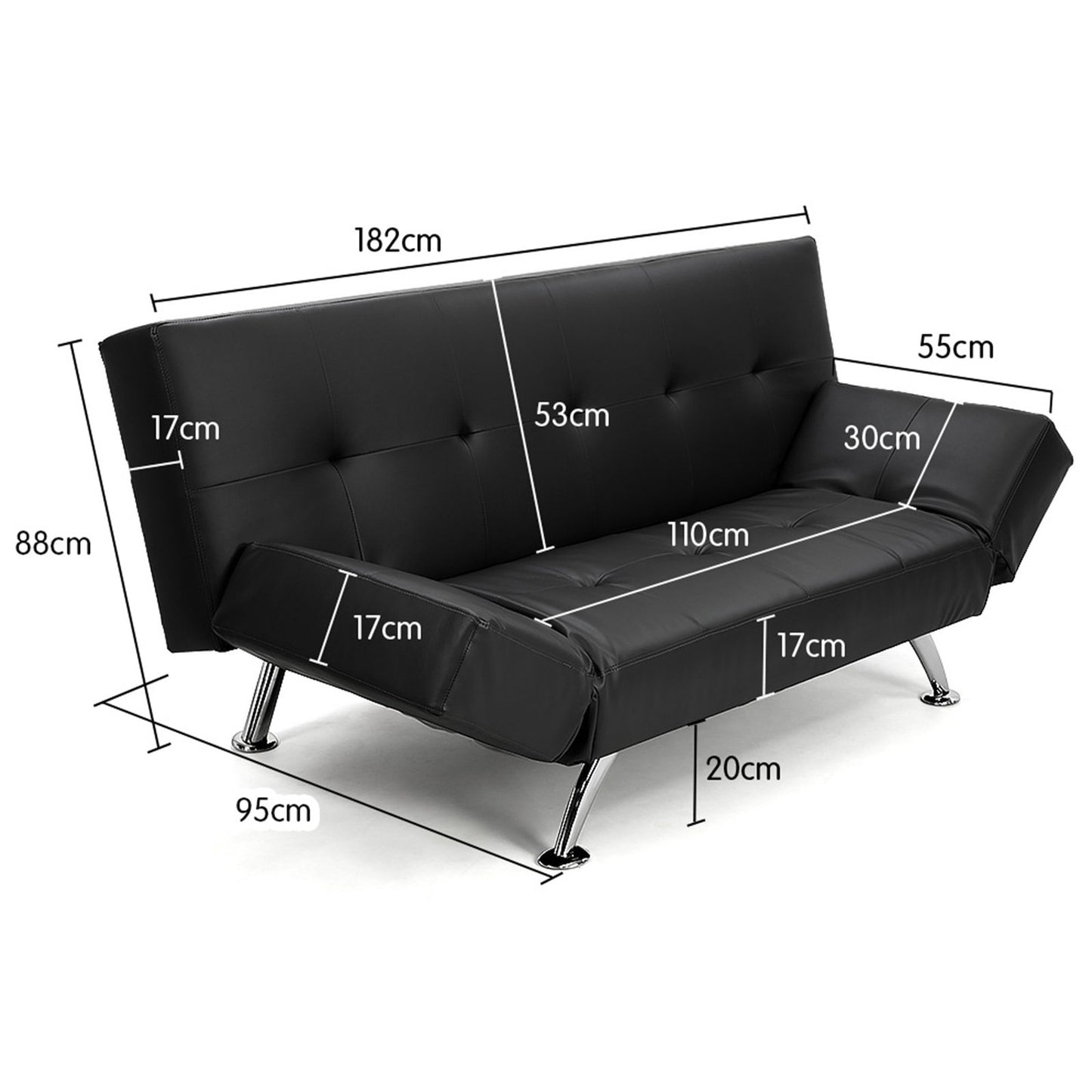 Sarantino Brooklyn Sofa Bed Faux Leather Lounge Couch Futon Furniture Adjustable Suite Bk - TRENDZ
