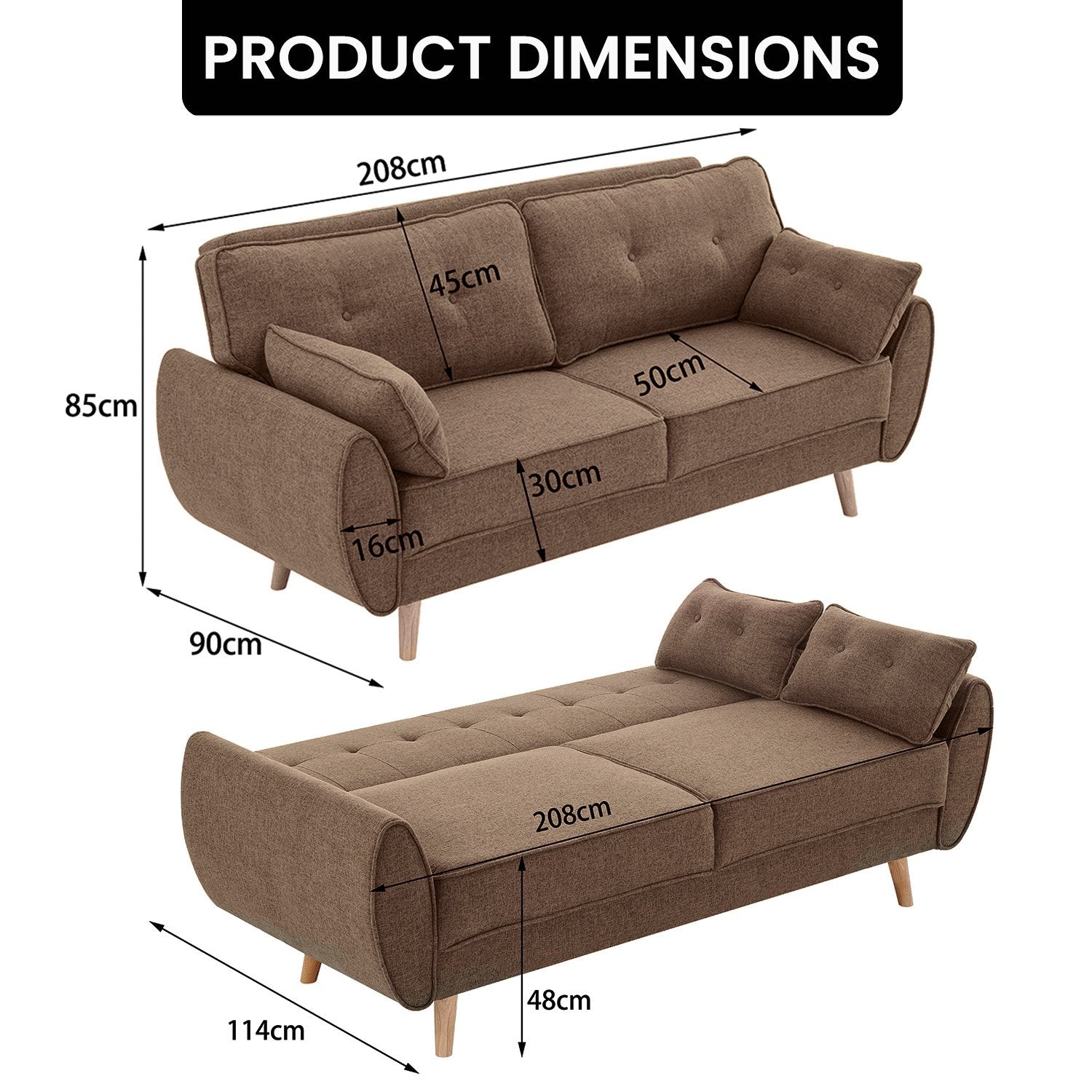 Sarantino 3 Seater Modular Linen Fabric Sofa Bed Couch Futon Suite - Brown - TRENDZ