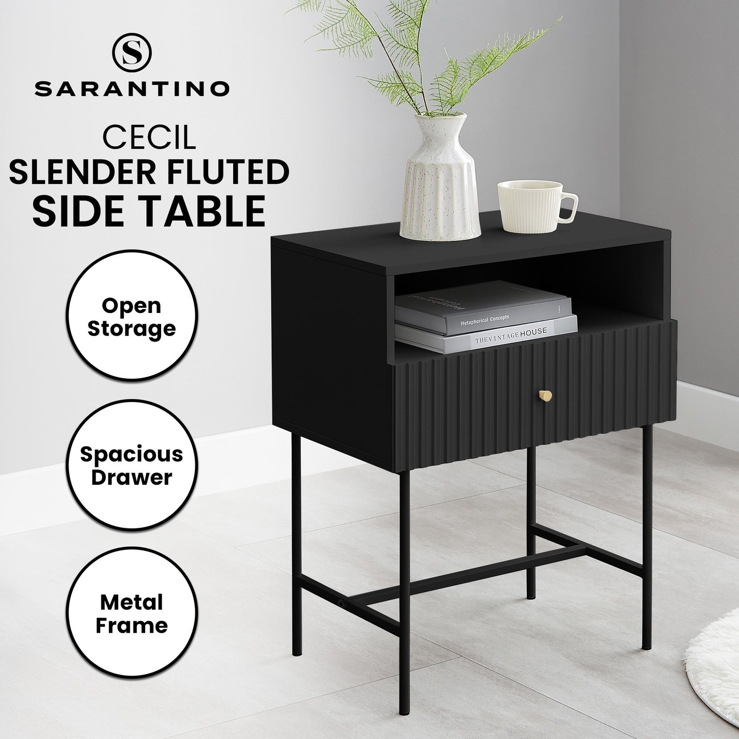 Sarantino Cecil Slender Fluted Bedside Table in Black - TRENDZ
