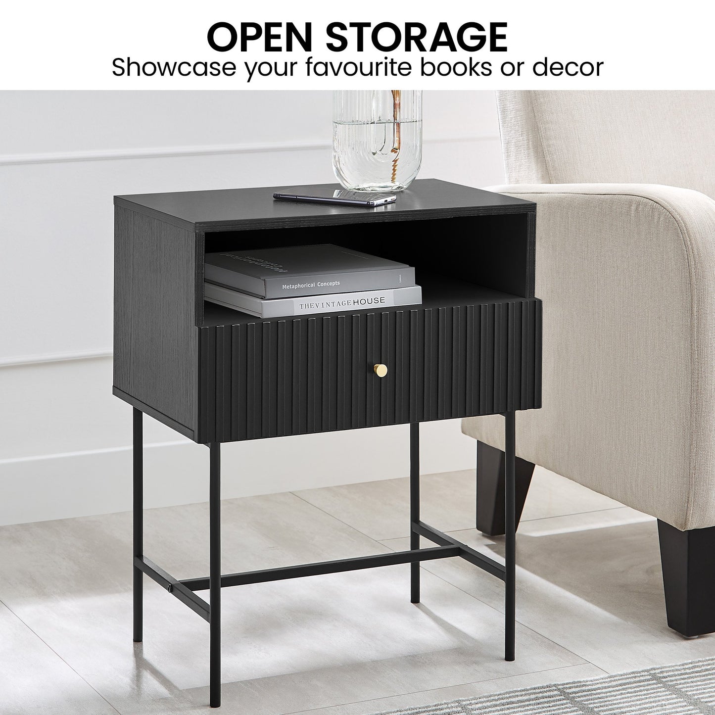 Sarantino Cecil Slender Fluted Bedside Table in Black - TRENDZ