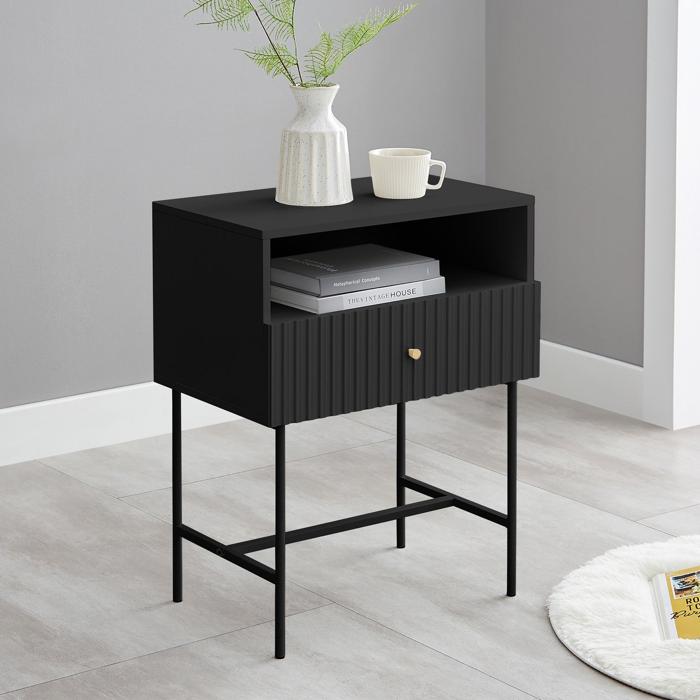 Sarantino Cecil Slender Fluted Bedside Table in Black - TRENDZ