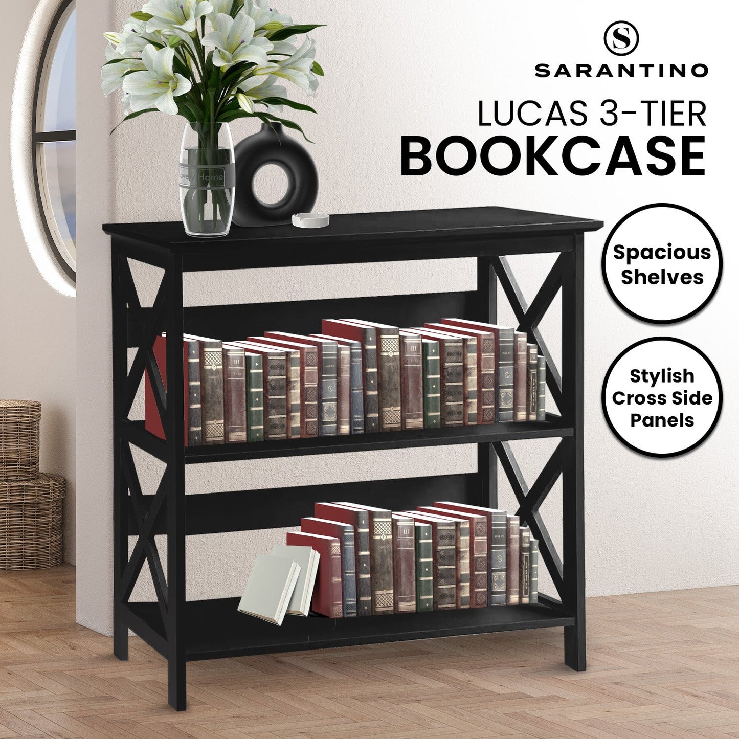 Sarantino Lucas 3-Tier Bookshelf Display Rack in Black - TRENDZ