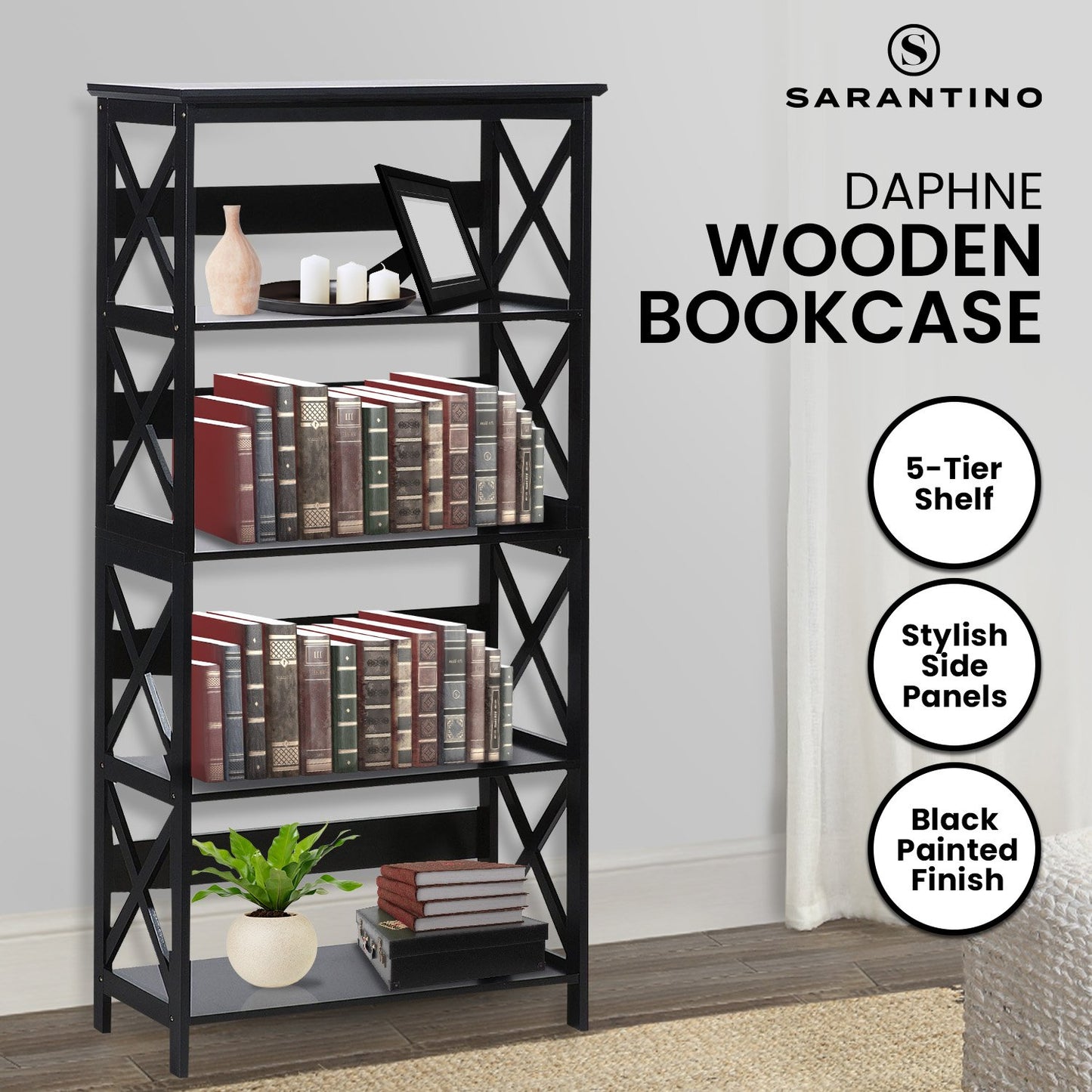 Sarantino Daphne 5-tier Cross Panel Bookshelf - TRENDZ