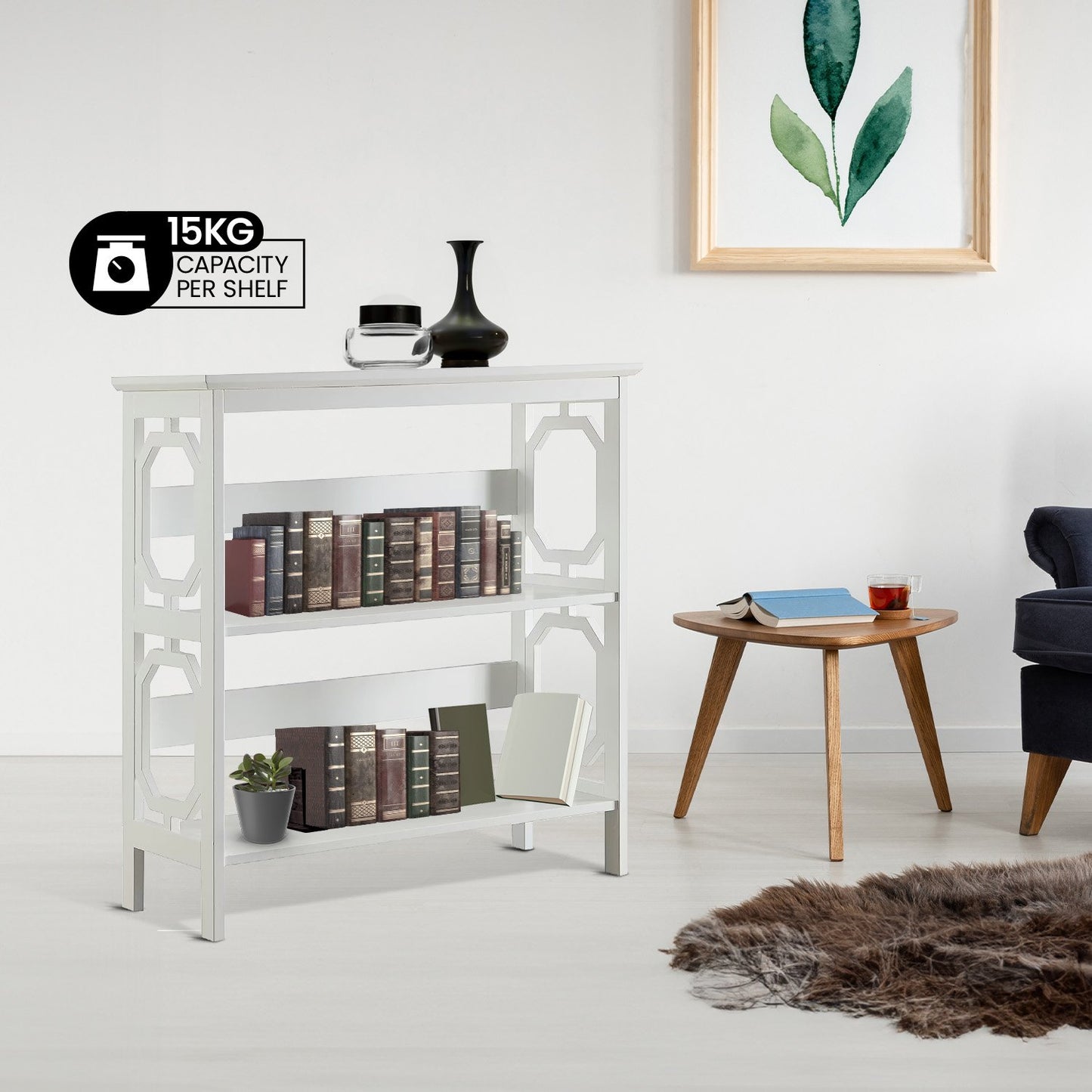 Sarantino Laurel 3-Tier Bookshelf Display Rack in White - TRENDZ