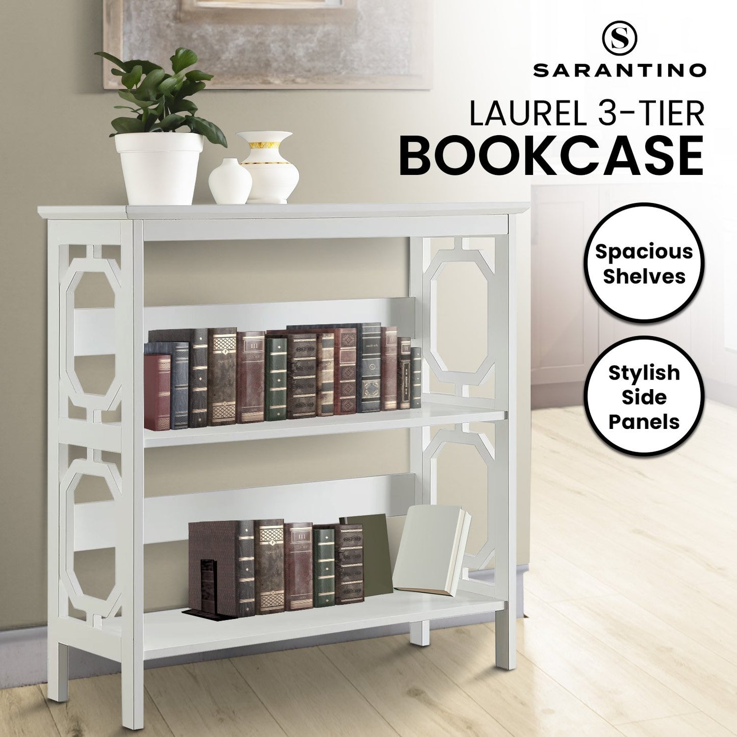 Sarantino Laurel 3-Tier Bookshelf Display Rack in White - TRENDZ