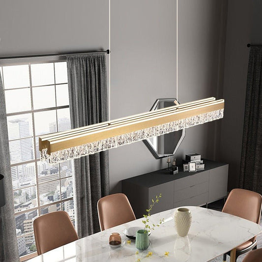 BAMDECOR A122 Nordic Long Dual Linear Dimmable Acrylic Kitchen Dining Table Pendant Light Minimalist Modern Lighting (Gold)