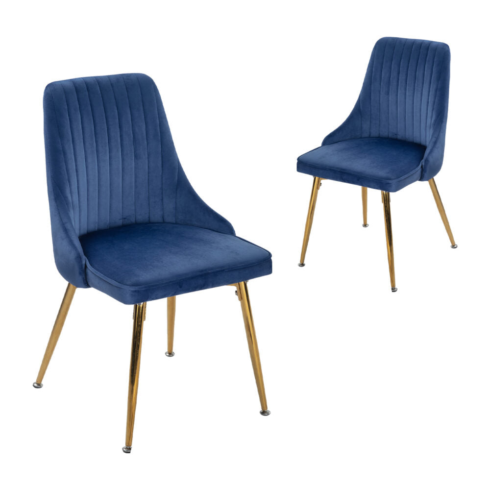 Viva Forever Set of 2 Blue Velvet Dining Chairs – Art Deco Design with Gold Metal Legs - TRENDZ