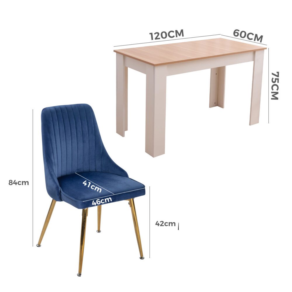 Natural Rectangular Dining Table with 4x Blue Velvet Chairs - TRENDZ