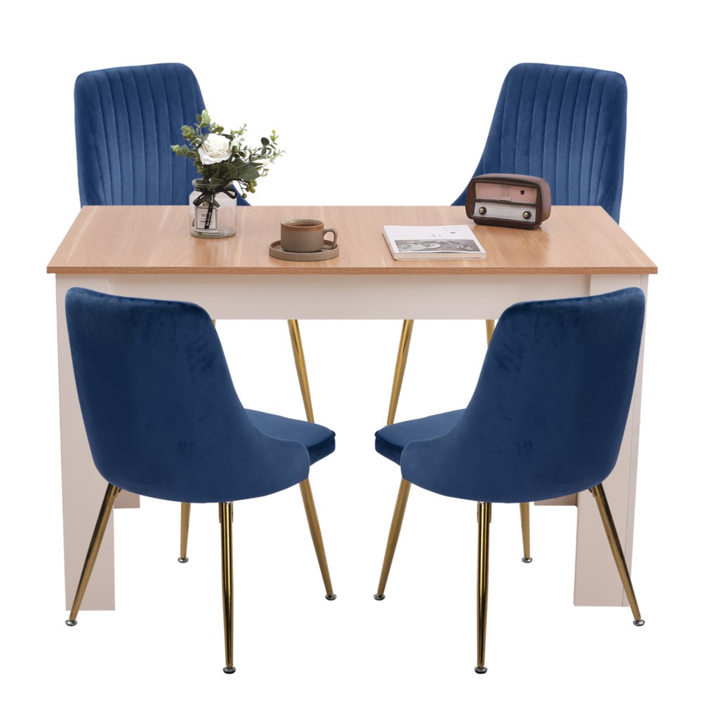 Natural Rectangular Dining Table with 4x Blue Velvet Chairs - TRENDZ