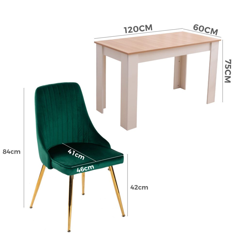 Natural Rectangular Dining Table with 4x Green Velvet Chairs - TRENDZ