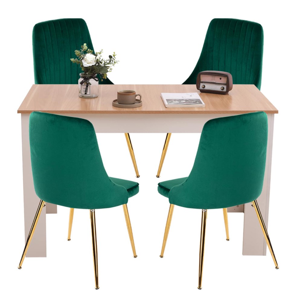 Natural Rectangular Dining Table with 4x Green Velvet Chairs - TRENDZ