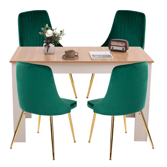 Natural Rectangular Dining Table with 4x Green Velvet Chairs - TRENDZ