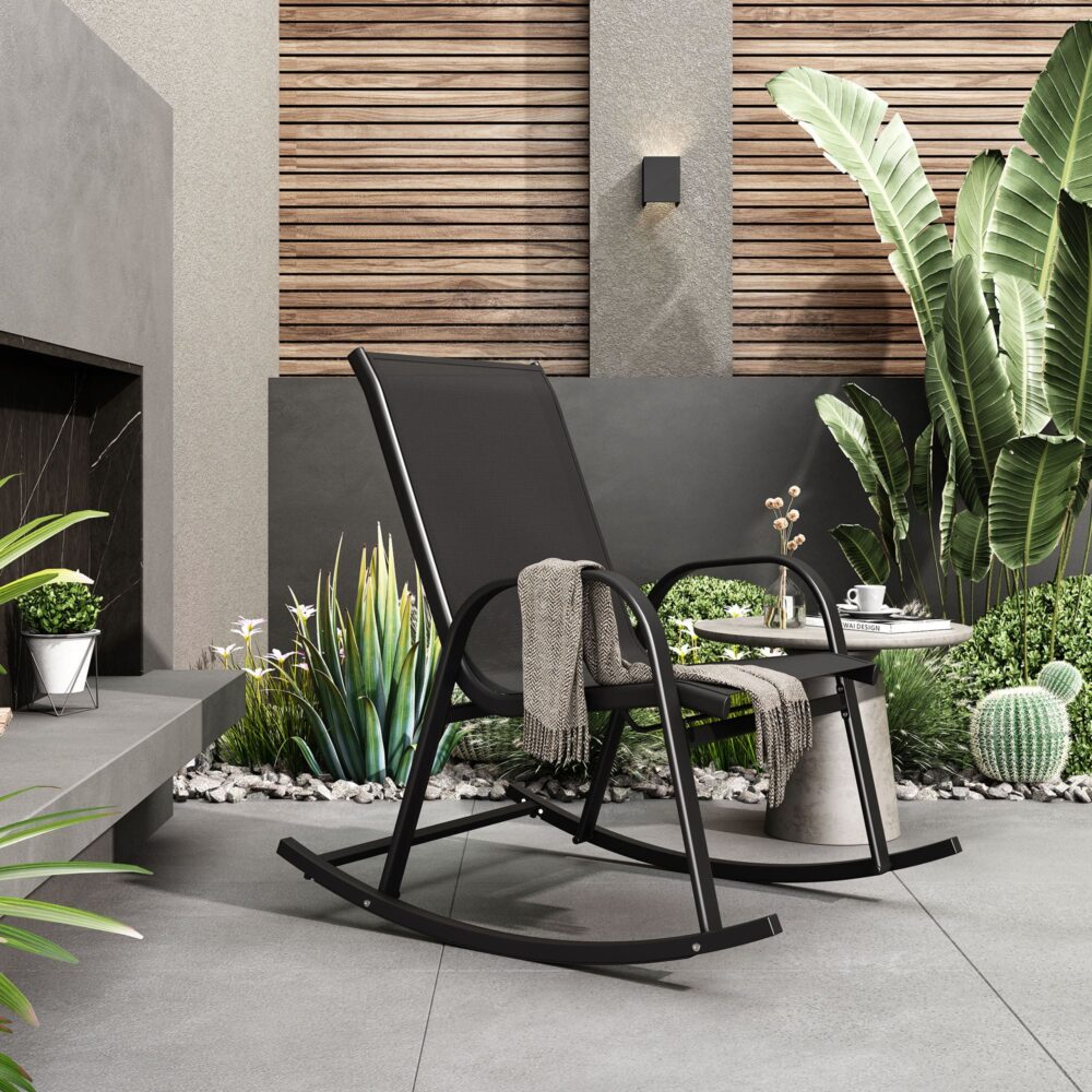 Rocking Chair High Back Rocker Chairs Steel Metal Textilene Fabric-Black - TRENDZ