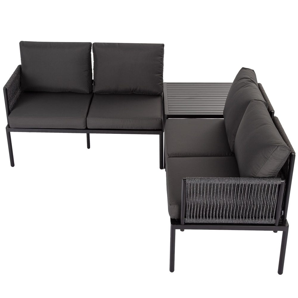 Eden 4-Seater Outdoor Lounge Set with Coffee Table in Black-Stylish Textile and Rope Design - TRENDZ
