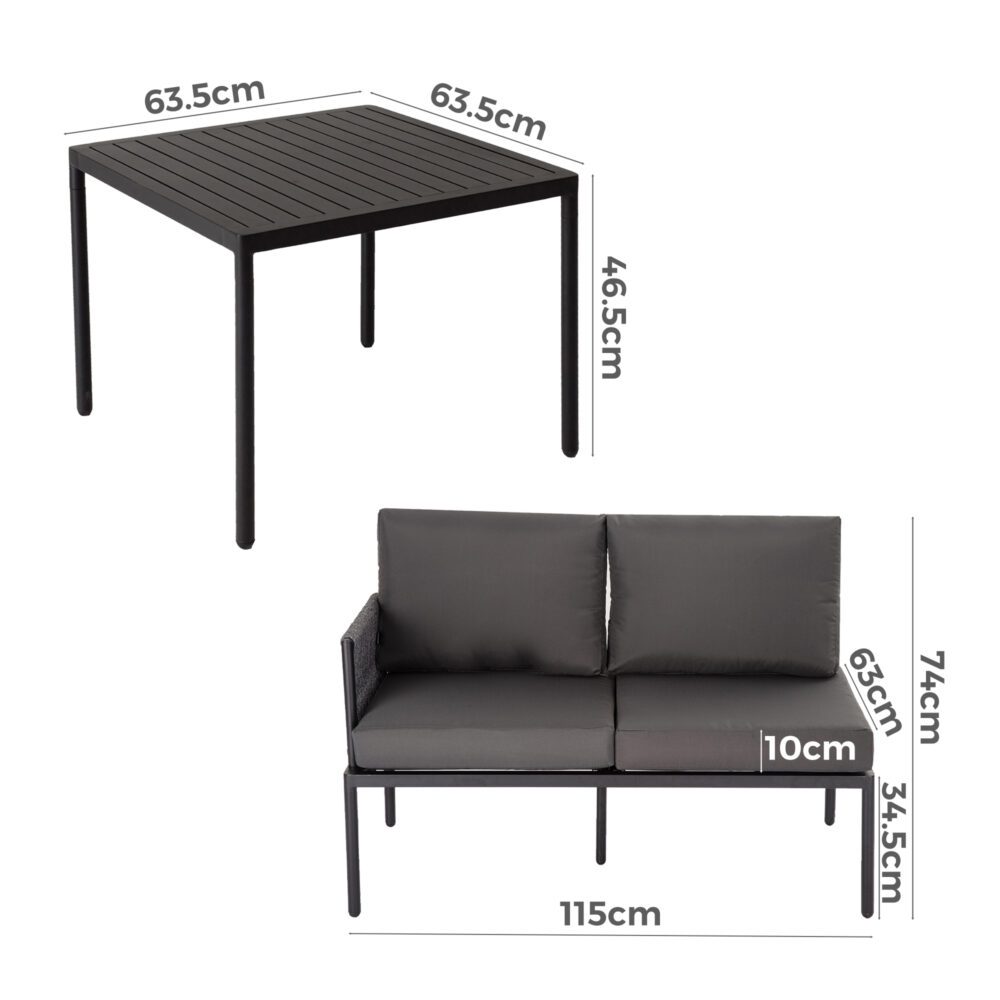 Eden 4-Seater Outdoor Lounge Set with Coffee Table in Black-Stylish Textile and Rope Design - TRENDZ