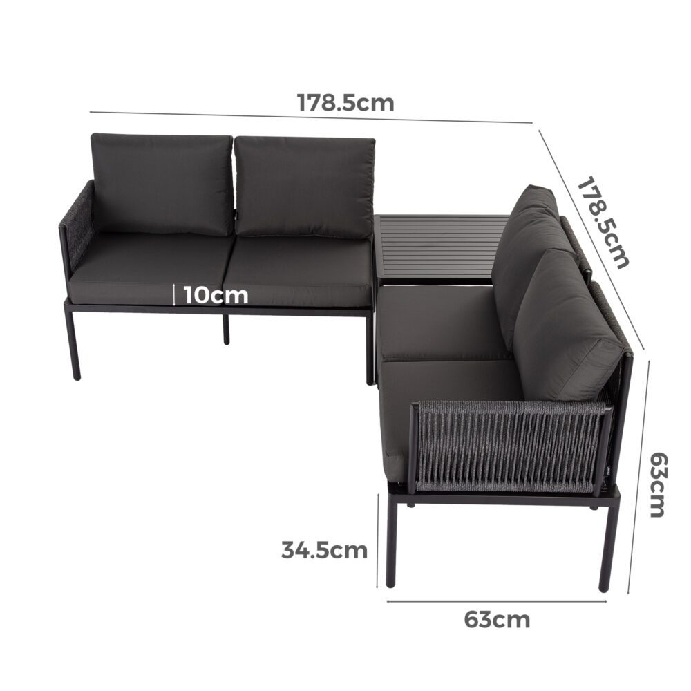 Eden 4-Seater Outdoor Lounge Set with Coffee Table in Black-Stylish Textile and Rope Design - TRENDZ