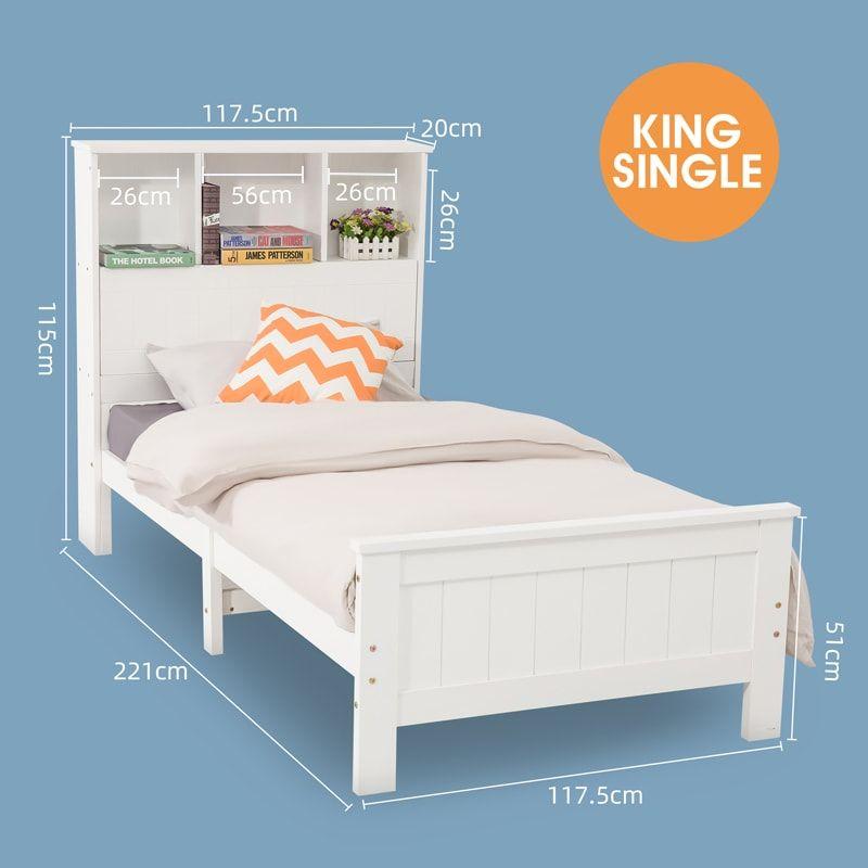 King Single Solid Pine Timber Bed Frame with Bookshelf Storage Headboard- White - TRENDZ