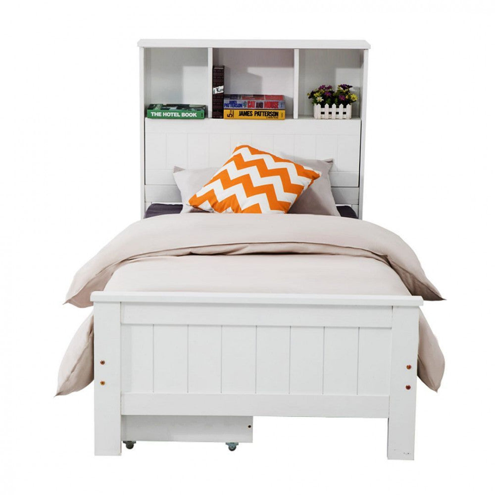 King Single Solid Pine Timber Bed Frame with Bookshelf Storage Headboard- White - TRENDZ
