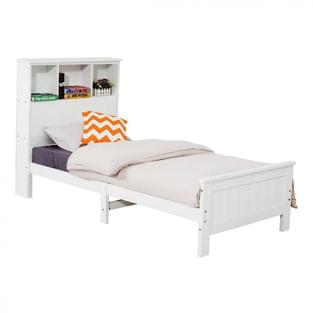 King Single Solid Pine Timber Bed Frame with Bookshelf Storage Headboard- White - TRENDZ