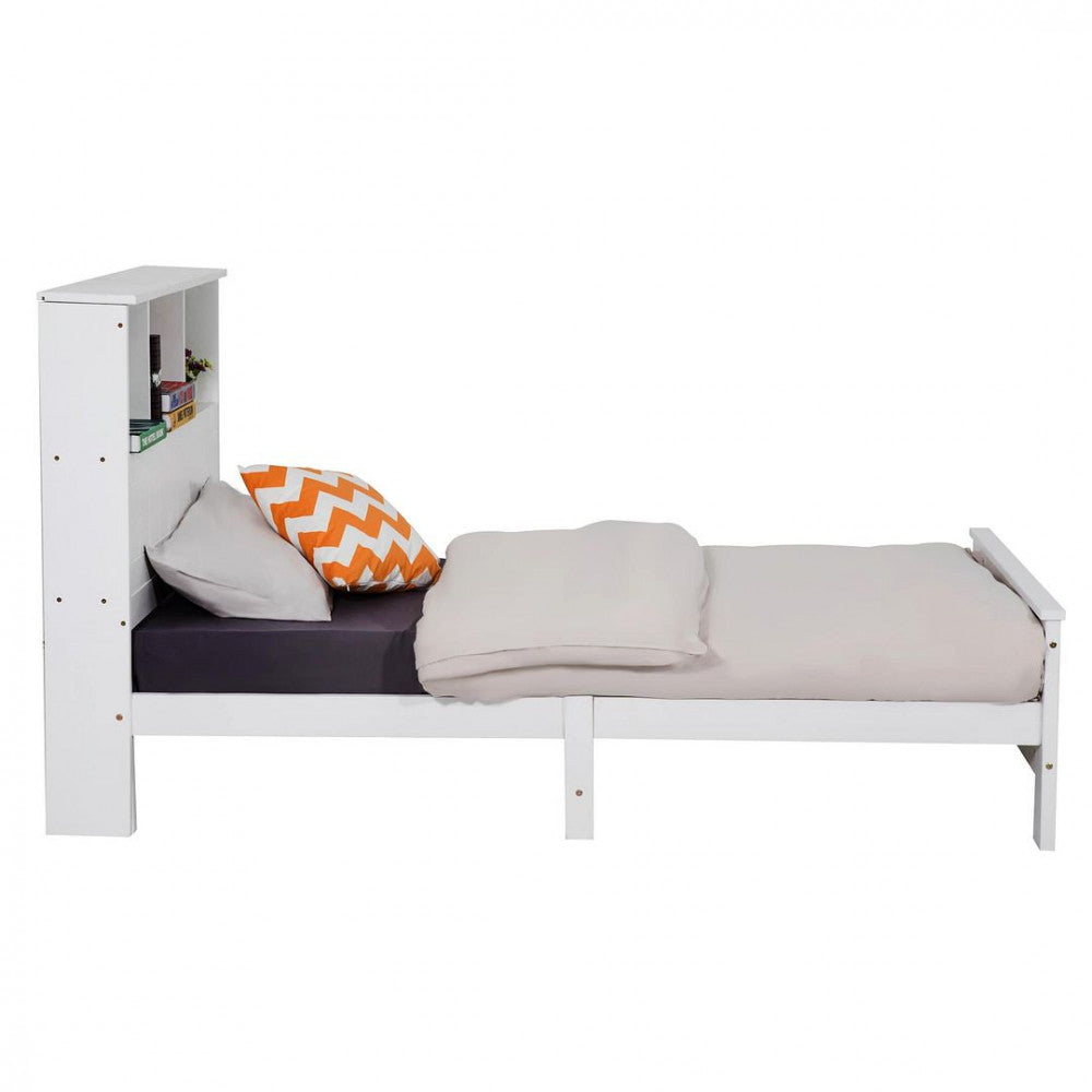King Single Solid Pine Timber Bed Frame with Bookshelf Storage Headboard- White - TRENDZ