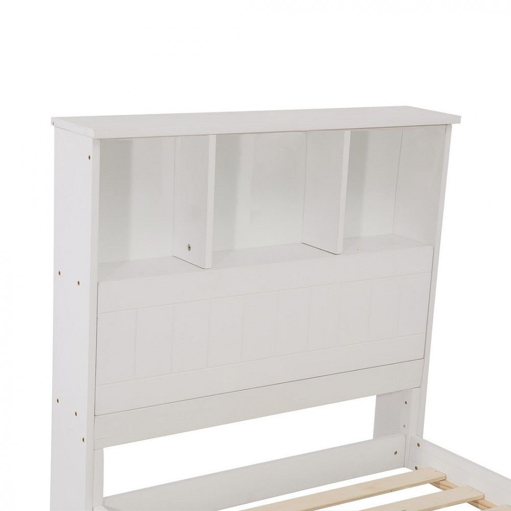 King Single Solid Pine Timber Bed Frame with Bookshelf Storage Headboard- White - TRENDZ
