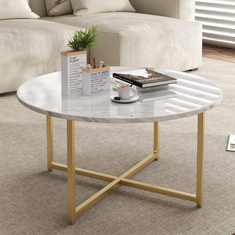 White Marble Effect Round Coffee Table with Gold Legs - TRENDZ
