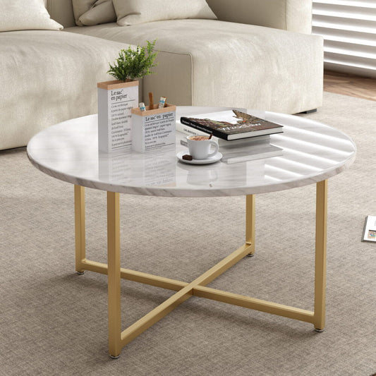White Marble Effect Round Coffee Table with Gold Legs - TRENDZ