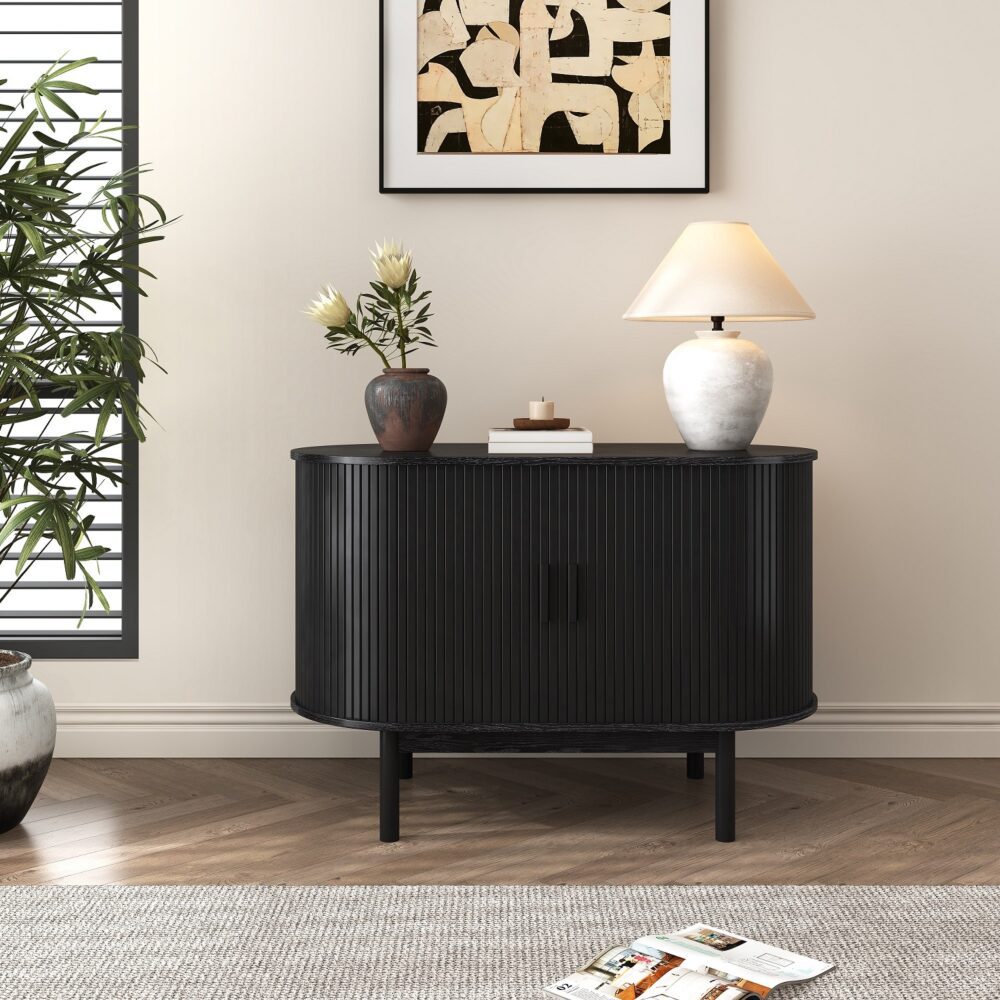 Mid-Century Black Ribbed Sideboard Cabinet - TRENDZ