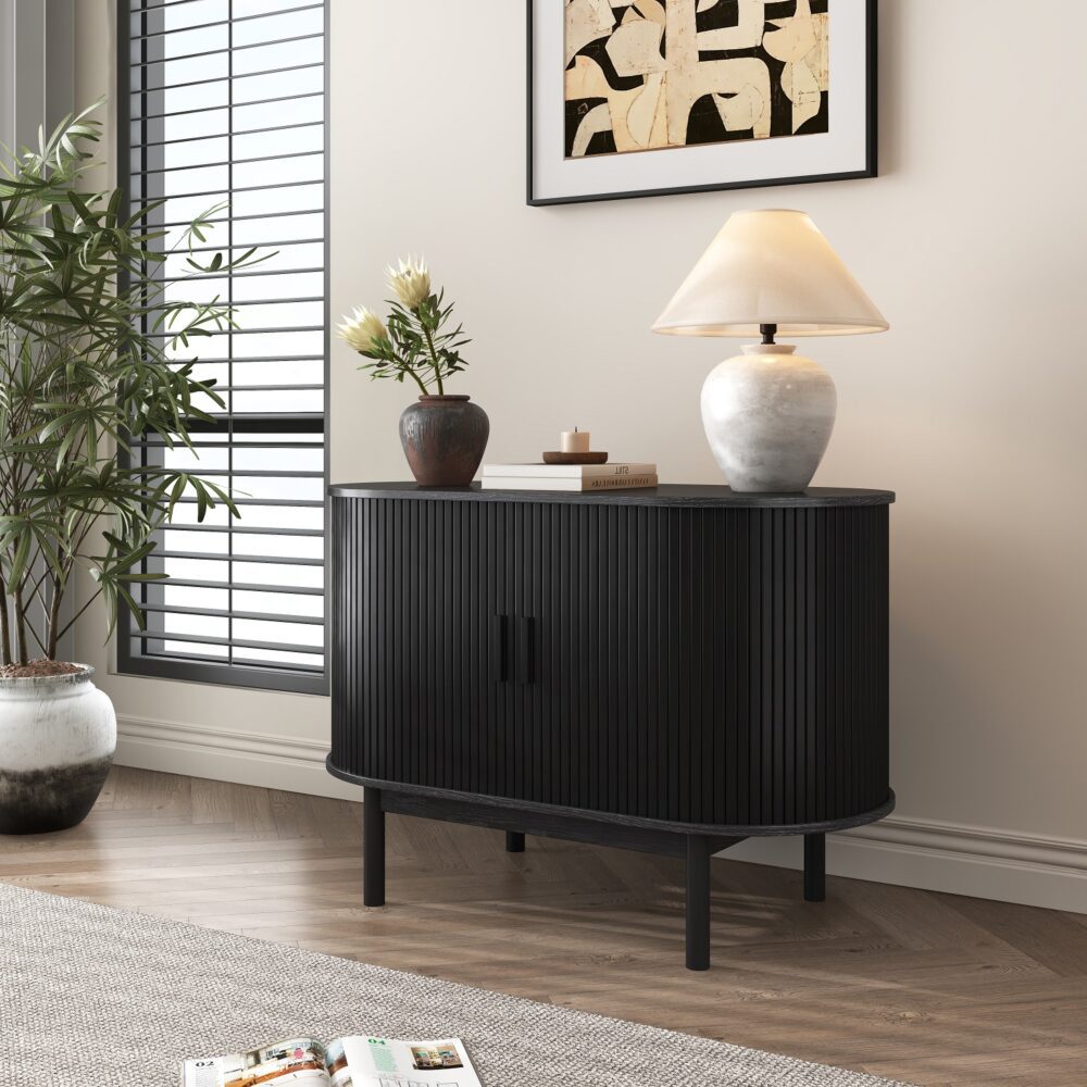 Mid-Century Black Ribbed Sideboard Cabinet - TRENDZ