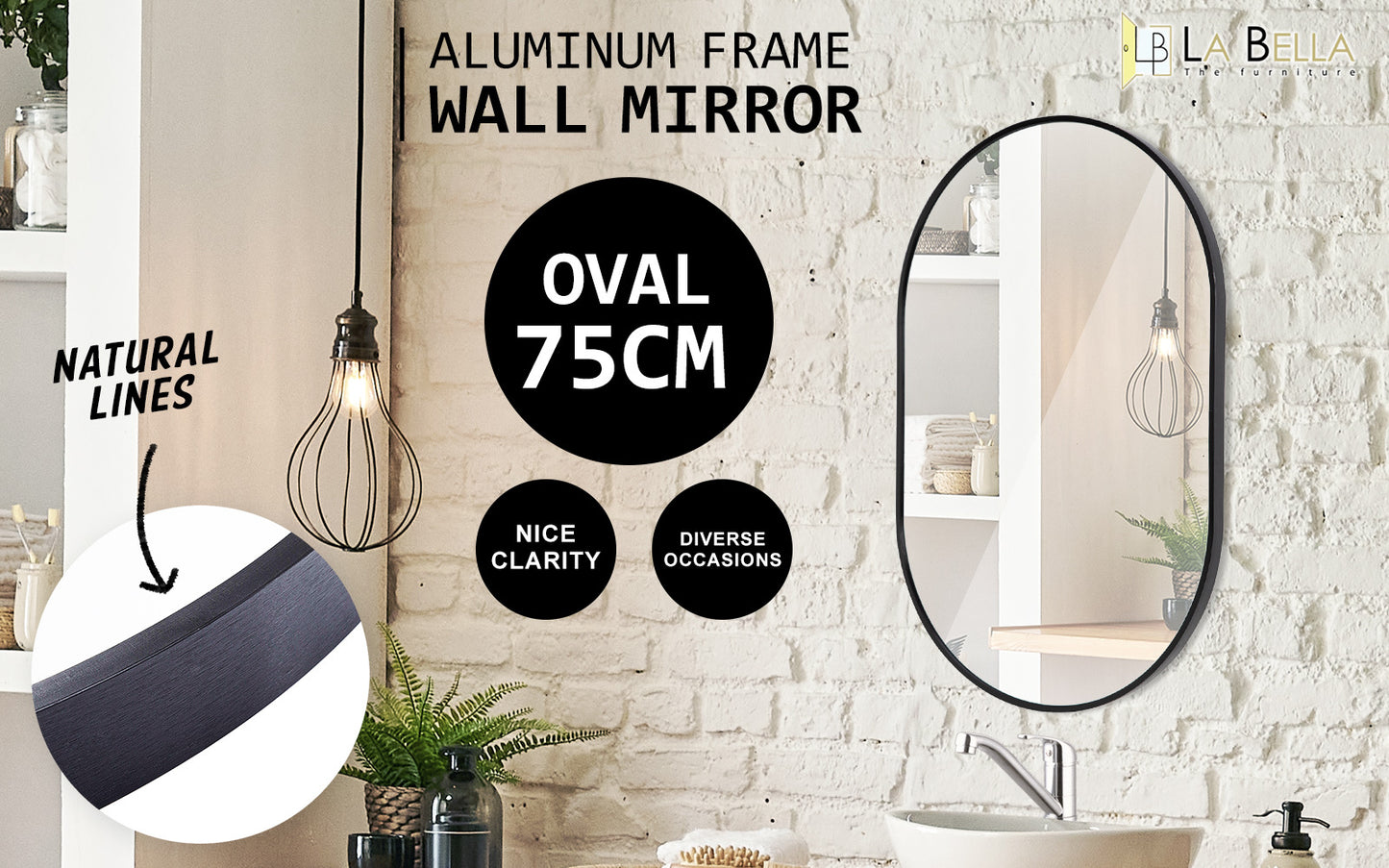 Wall Mirror Oval Aluminum Frame Bathroom 50x75cm BLACK - TRENDZ